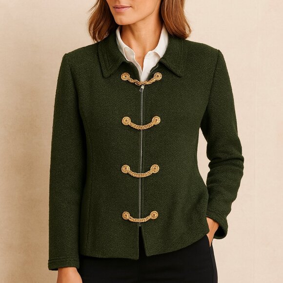 St. John Collection Marie Gray Cardigan Jacket Tweed Chains Buttons Green - Picture 1 of 13